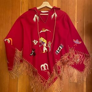Vintage 1940/50s Red Wool Poncho Embroidered Handmade